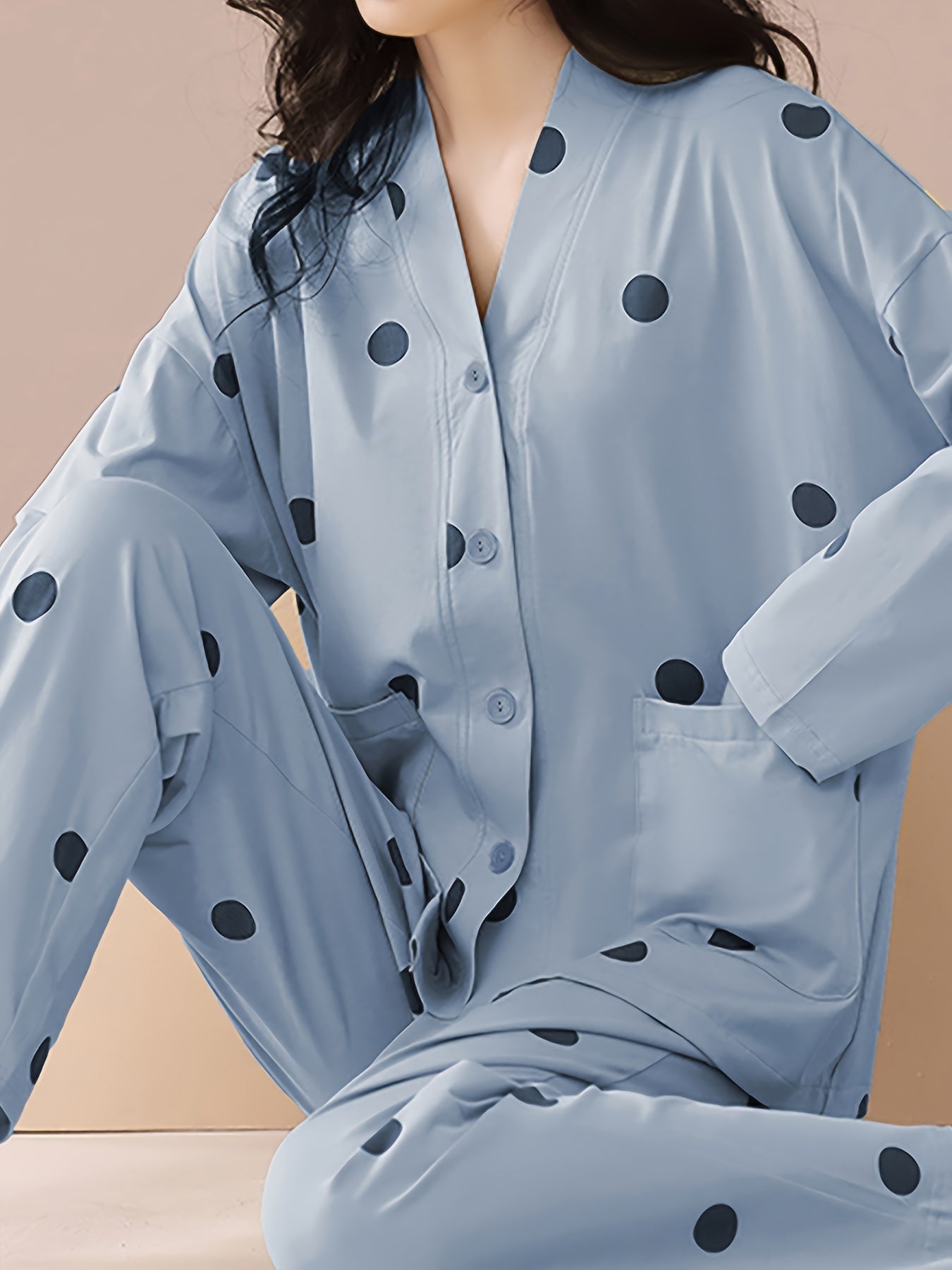 Polka Dot Pajama Set Long Sleeve V Neck Top & Pants Women's Sleepwear
