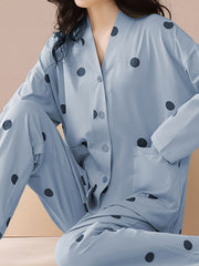 Polka Dot Pajama Set Long Sleeve V Neck Top & Pants Women's Sleepwear
