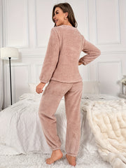 Letter Pattern Fuzzy Pajama Set Long Sleeve Crew Neck Top & Elastic Waistband