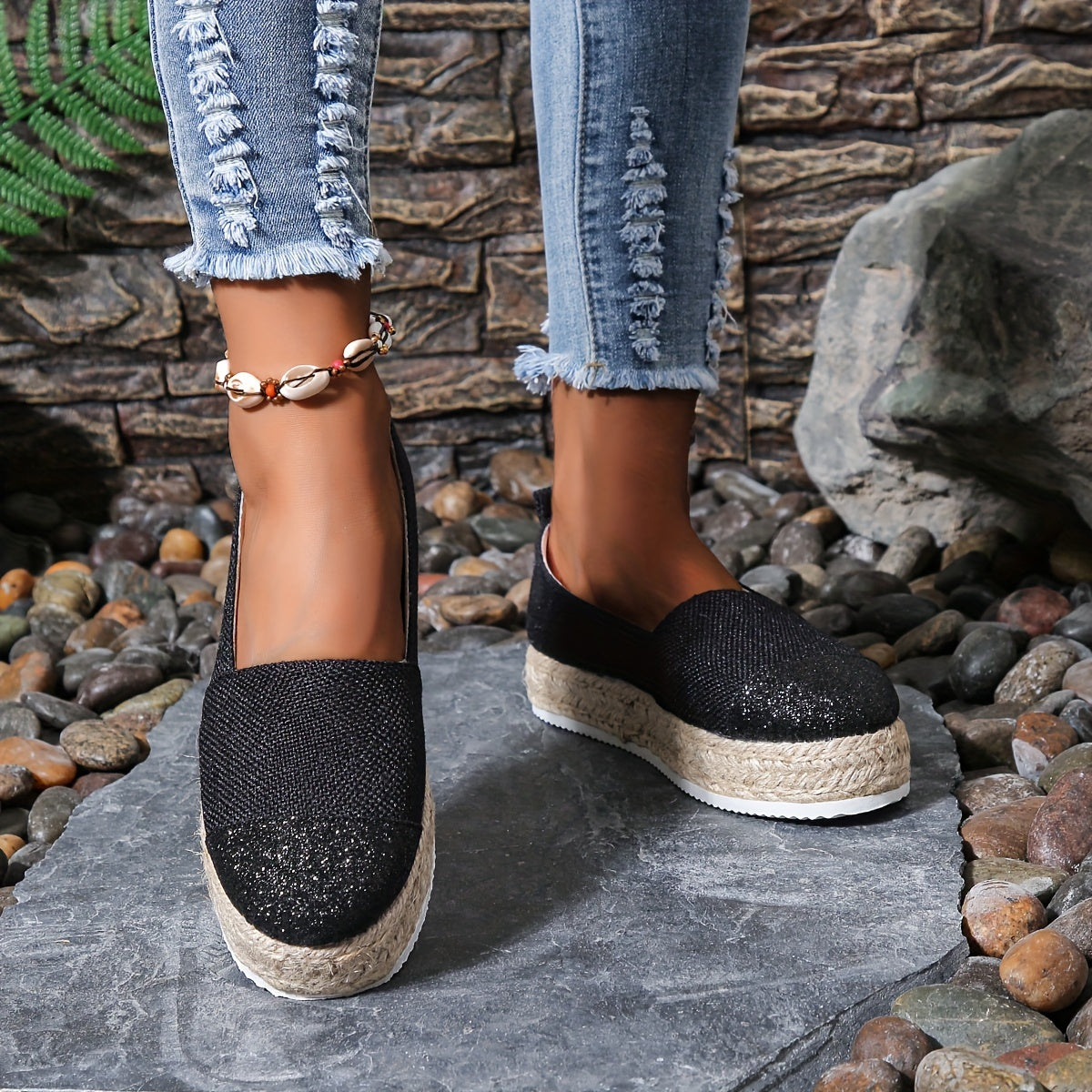 Women's Glitter Platform Espadrilles Slip On Shoes