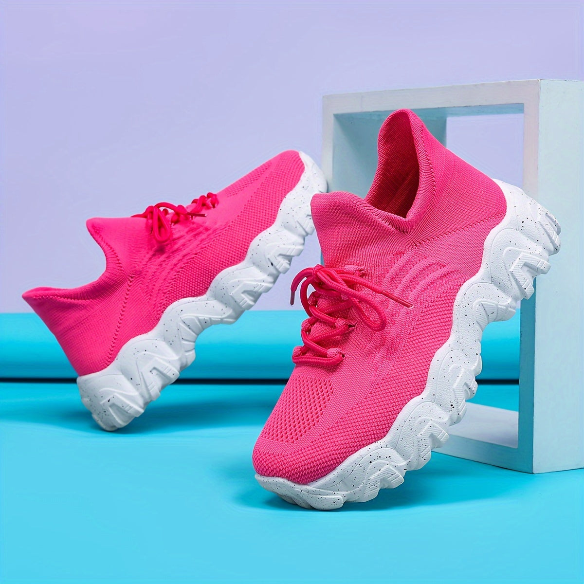 Thick Sole Running Shoes Lace Up Mesh Breathable Sneakers