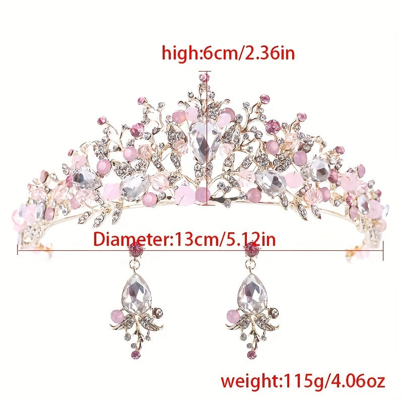 Baroque Crystal Tiara & Crown with Pink Rhinestone Earrings