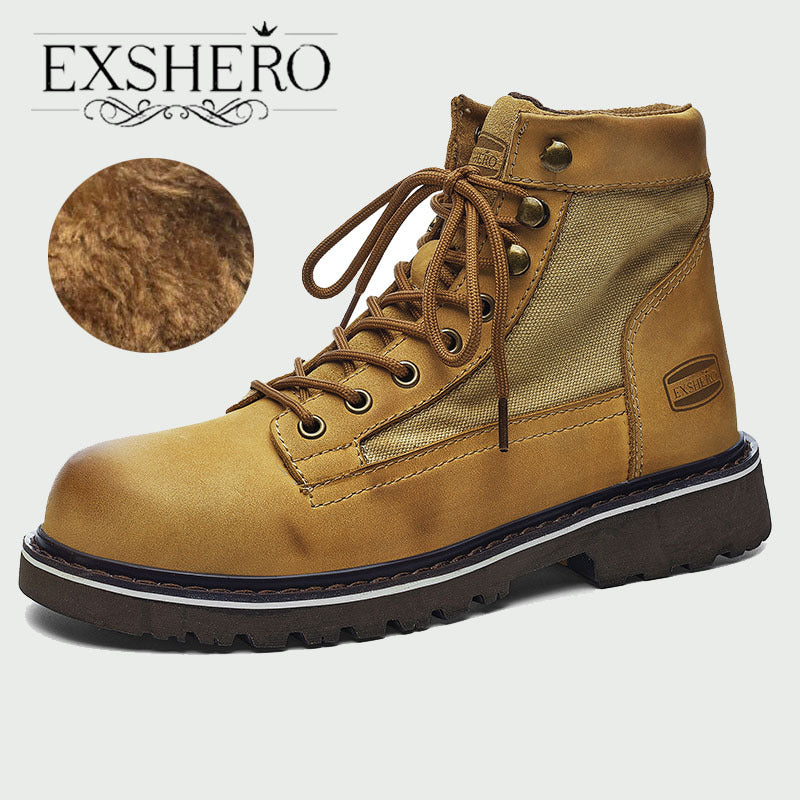 EXSHERO Men's Retro Cowhide Leather Warm Lace Up Boots Winter