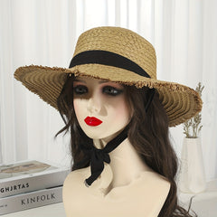 Ribbon Bowknot Straw Hat UV Protection Wide Brim Travel Beach Hat