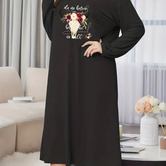Floral Cow Skull Print Long Sleeve Nightdress