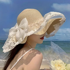 French Style Sun Hat Lace Bowknot Wide Brim Straw Hat Classic UV Protection