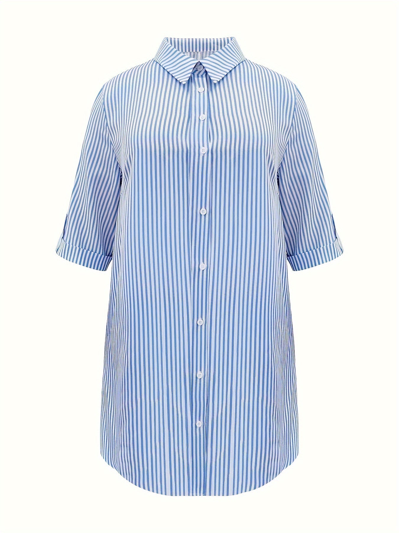 Stripe Print Roll Up Sleeve Button Up Shirt Dress