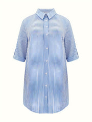 Stripe Print Roll Up Sleeve Button Up Shirt Dress