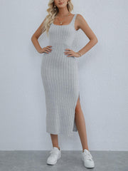Split Ribbed Dress Sexy Solid Squared Neck Sleeveless Maxi Dress