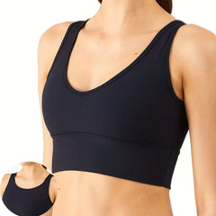 Ribbed Solid Yoga Sports Bra High Stretch Workout Bra Gym Activewear