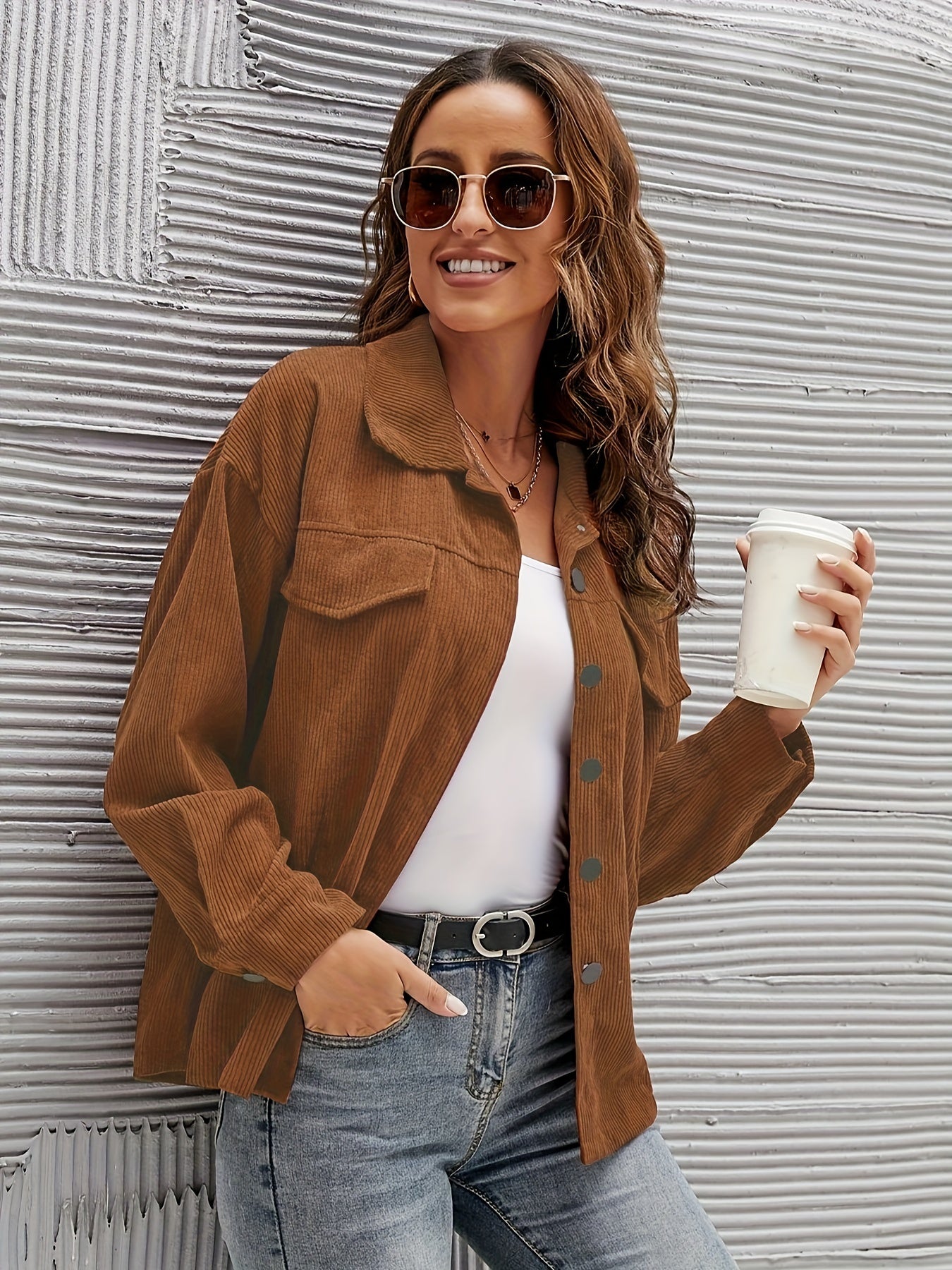 Solid Button Front Jacket Casual Long Sleeve Versatile Outerwear