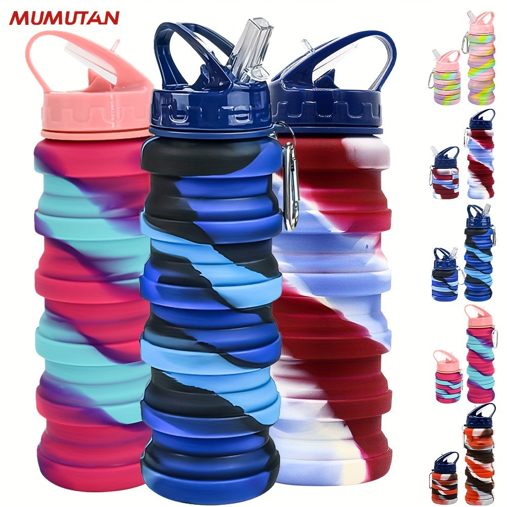 Mumutan Silicone Collapsible Water Bottle 16oz Expandable Straw Leak Proof
