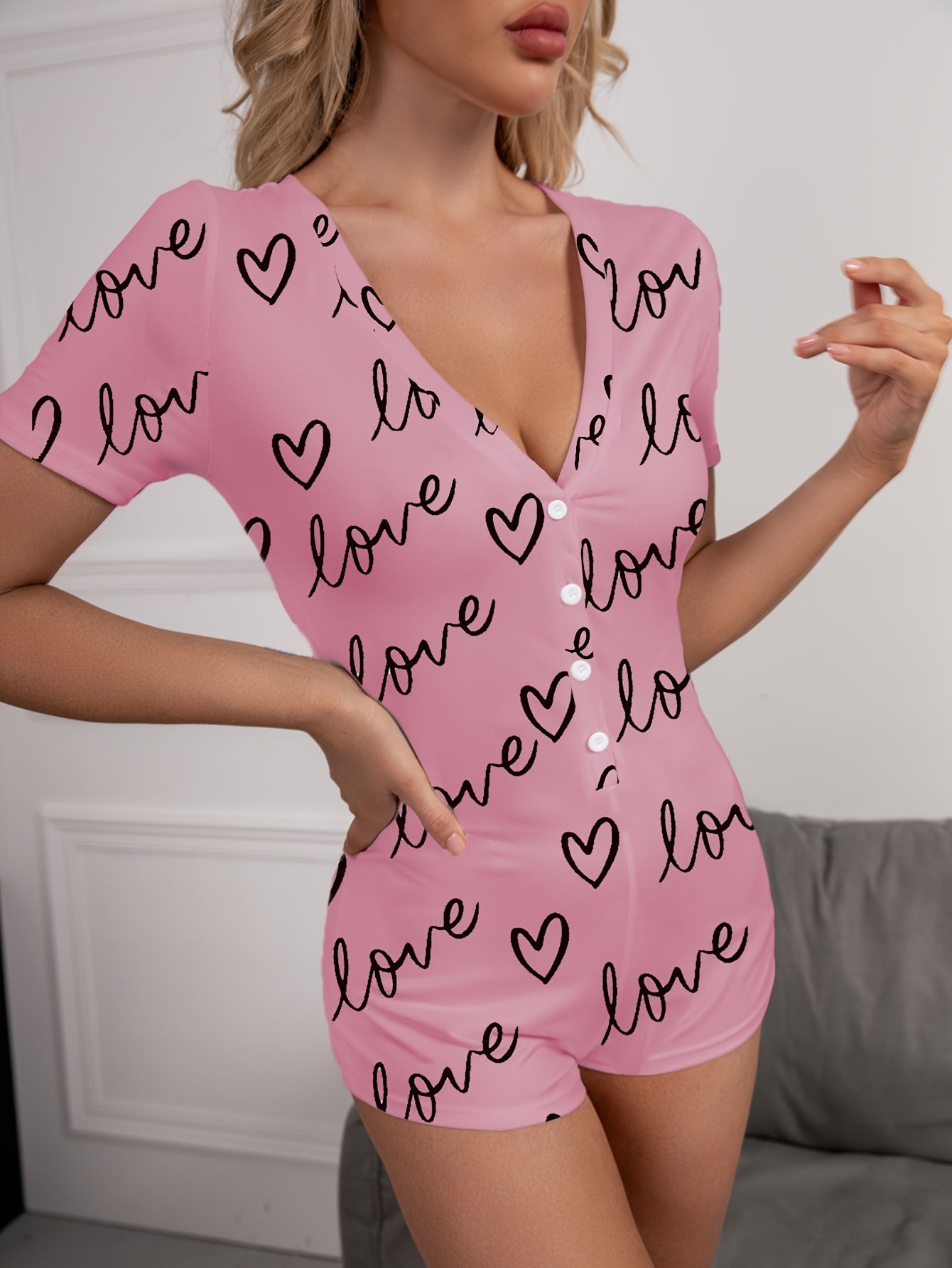 Heart Print Pajama Romper Short Sleeve V Neck Buttons Pajamas Women's Lingerie
