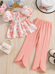 Girls Floral Print Shirred Shirt & Flared Pants Set