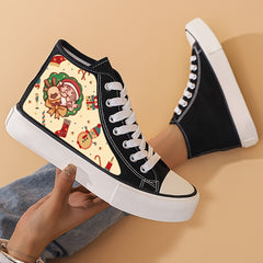 Santa Print Chunky Canvas Sneakers High Top Skate Shoes