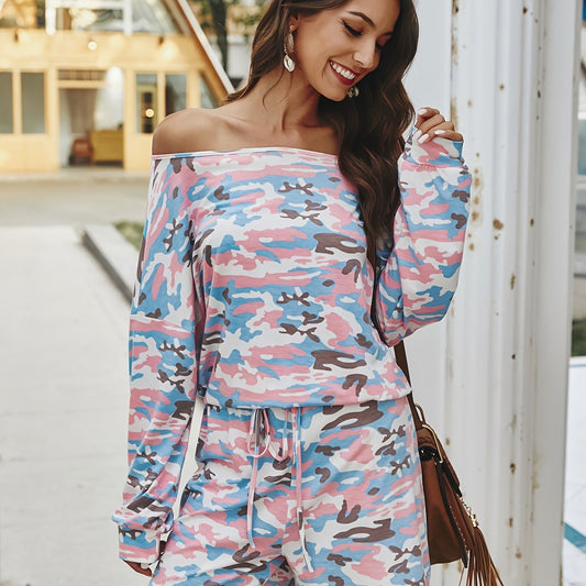 Camouflage Print Off Shoulder Jumpsuit Long Sleeve Women's Clothing