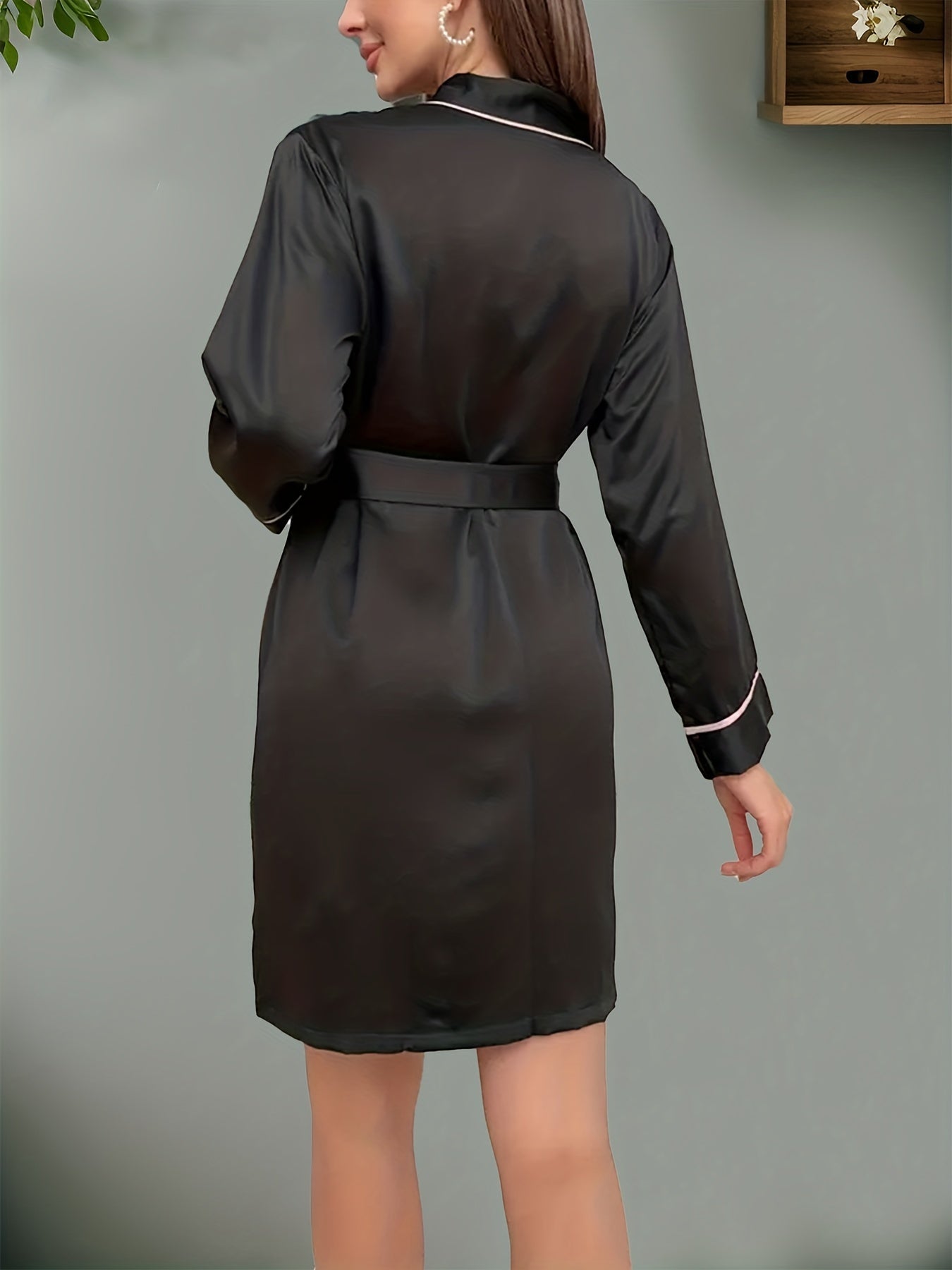 Long Sleeve V Neck Satin Night Robe with Belt
