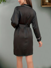 Long Sleeve V Neck Satin Night Robe with Belt