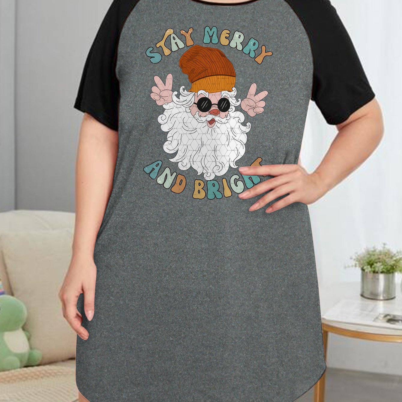 Women's Plus Size Santa Claus Print Nightdress Raglan Sleeve Tee Sleep Dress