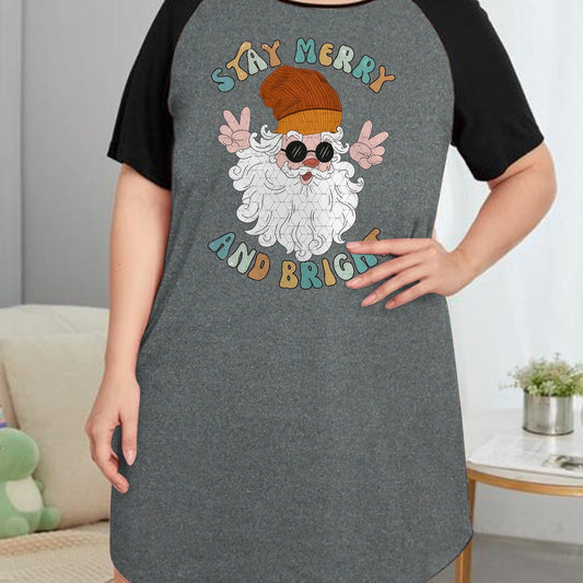 Women's Plus Size Santa Claus Print Nightdress Raglan Sleeve Tee Sleep Dress