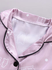 2pcs Bear Pattern Kid's Satin Pajamas Set Short Sleeve Button Front Top & Pants