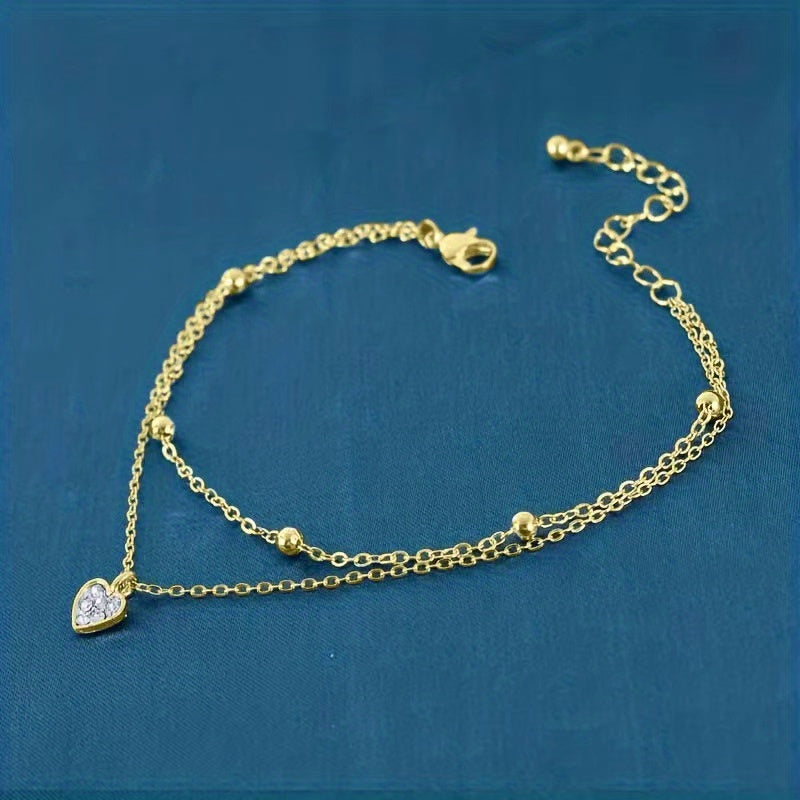 Heart Shape Pendant Anklet Double Layers Ankle Bracelet For Women