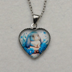 Rabbit Pendant Necklace with Heart Shaped Petal Flowers