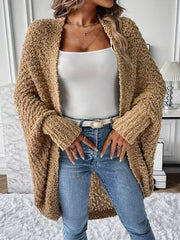 Solid Pom pom Batwing Sleeve Open Front Cardigan