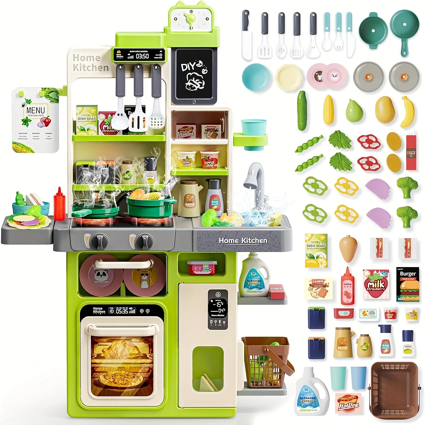 Kids Play Kitchen Set with Realistic Sound & Light Cooking Stove Sink Play Food