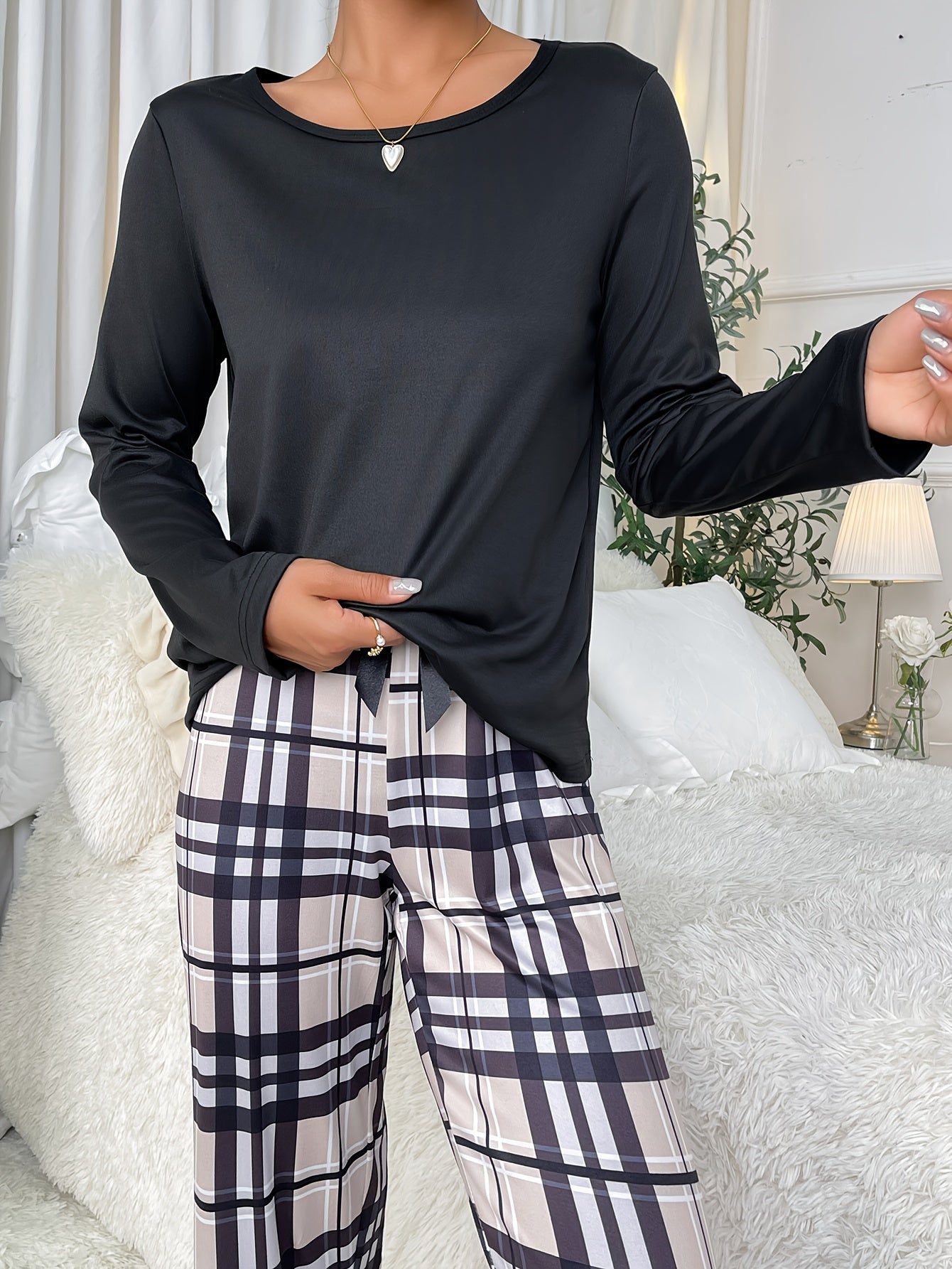 Plaid Print Pajama Set Long Sleeve Top & Pants Women's Sleepwear