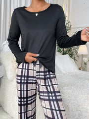 Plaid Print Pajama Set Long Sleeve Top & Pants Women's Sleepwear