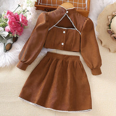 Girl's 2pcs Corduroy Shirt & Skirt Set Casual Outfits For Spring Autumn