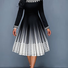 Women's Geo & Ombre Print Long Sleeve Round Neck A line Formal Dress