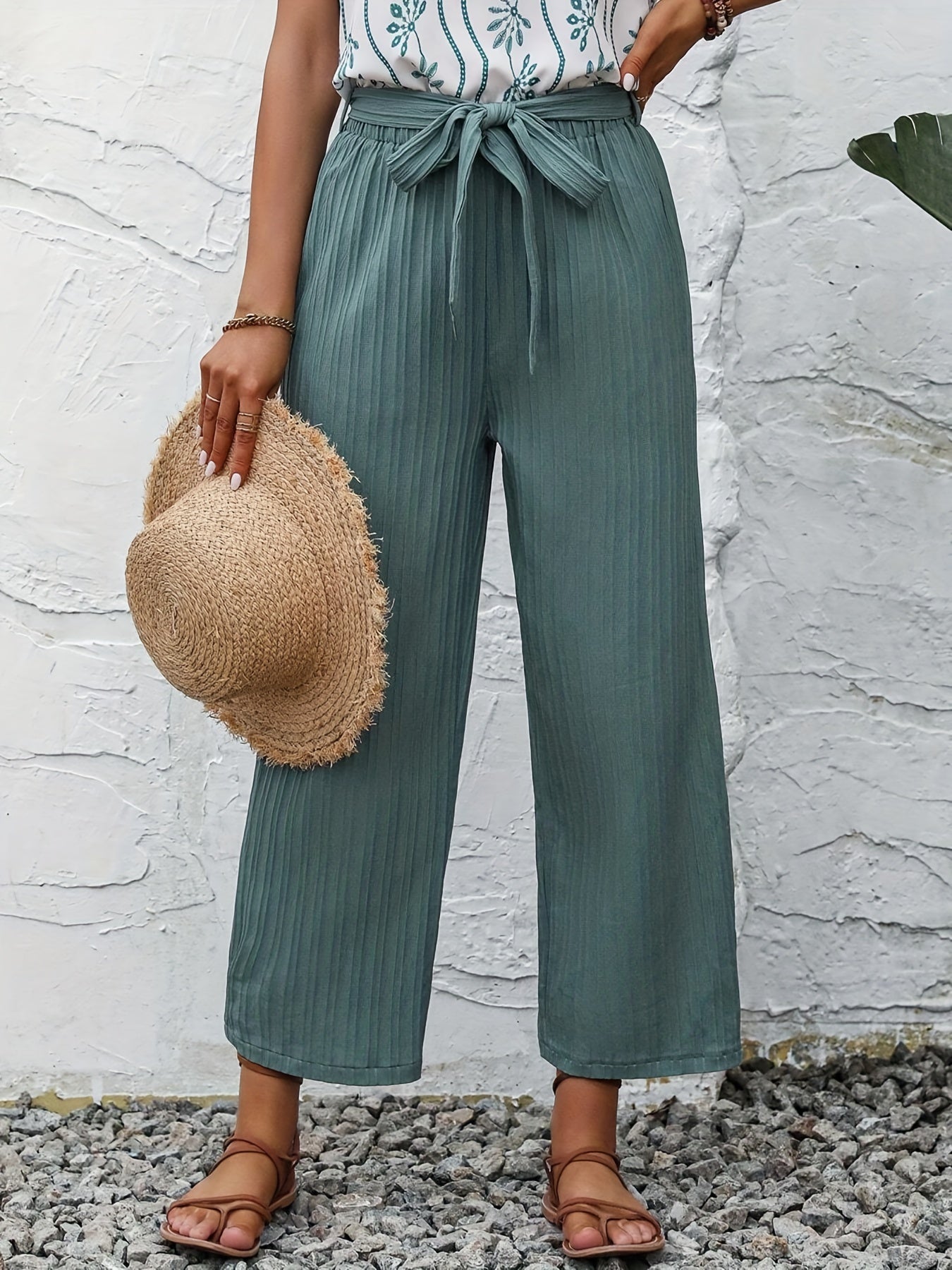 Textured Belted Straight Leg Pants for Women