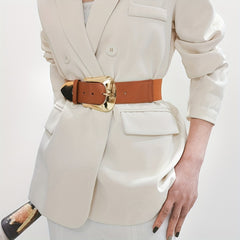 Vintage Pin Buckle Elastic Wide Belt PU Leather Waistband for Women