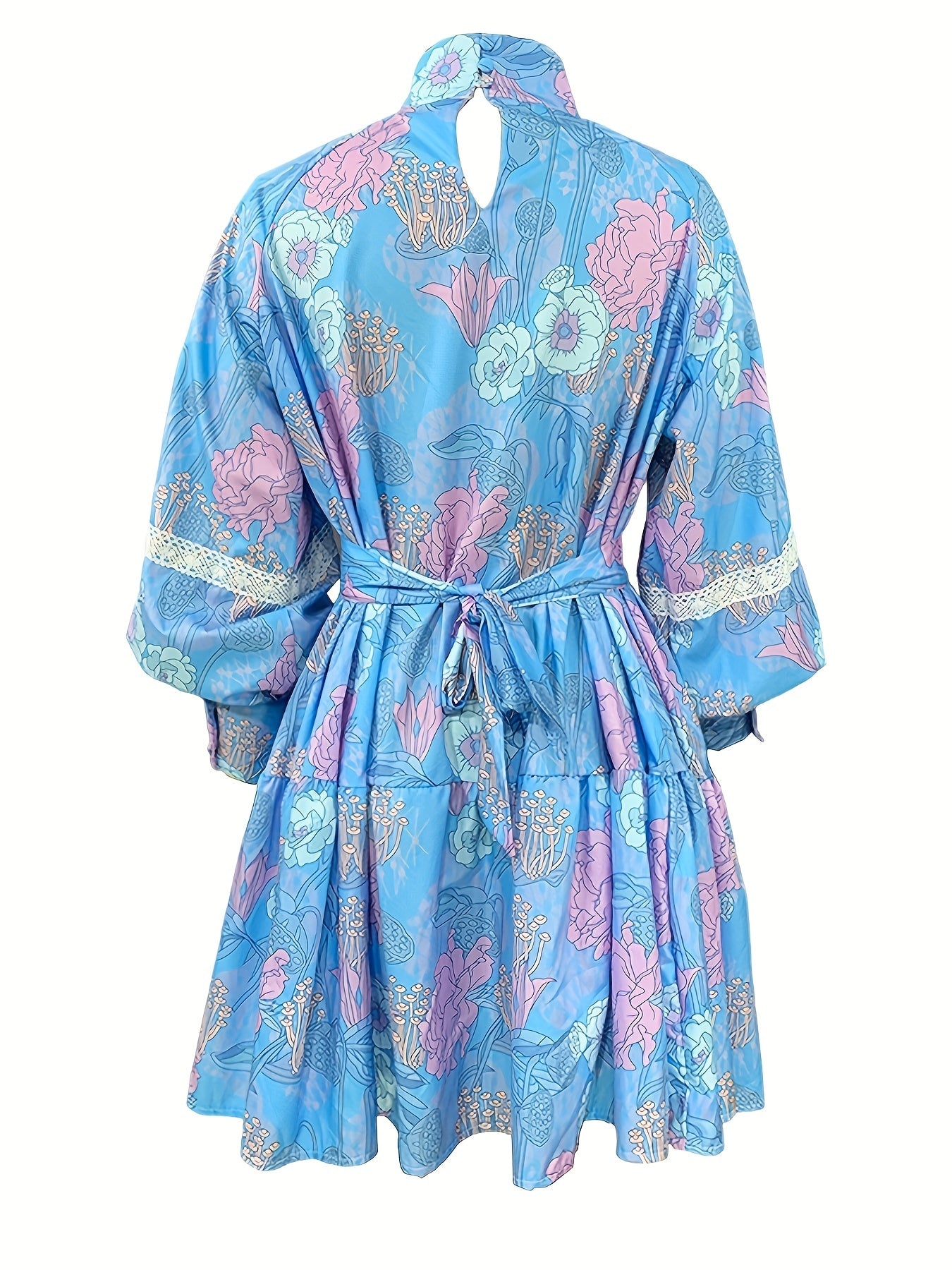 Floral Print Button Front Dress Pleated Long Sleeve High Collar Summer Dress