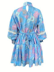 Floral Print Button Front Dress Pleated Long Sleeve High Collar Summer Dress