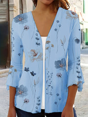 Floral Print Button Front Blouse Three Quarter Sleeve Cardigan