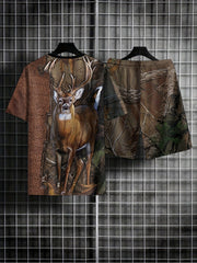 Deer And Branch 3d Pattern Men's 2 Piece Outfits T-shirt And Shorts Set