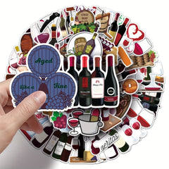 50pcs Red Wine Cartoon Stickers for DIY Journal, Luggage, Car Decor