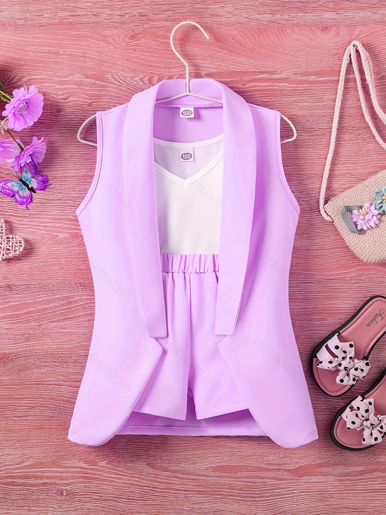 3pcs Toddler Girls Shawl Collar Vest & Shorts & Cami Top Set Summer Clothes