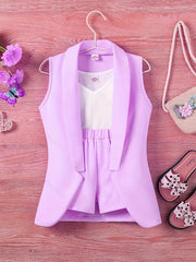 3pcs Toddler Girls Shawl Collar Vest & Shorts & Cami Top Set Summer Clothes