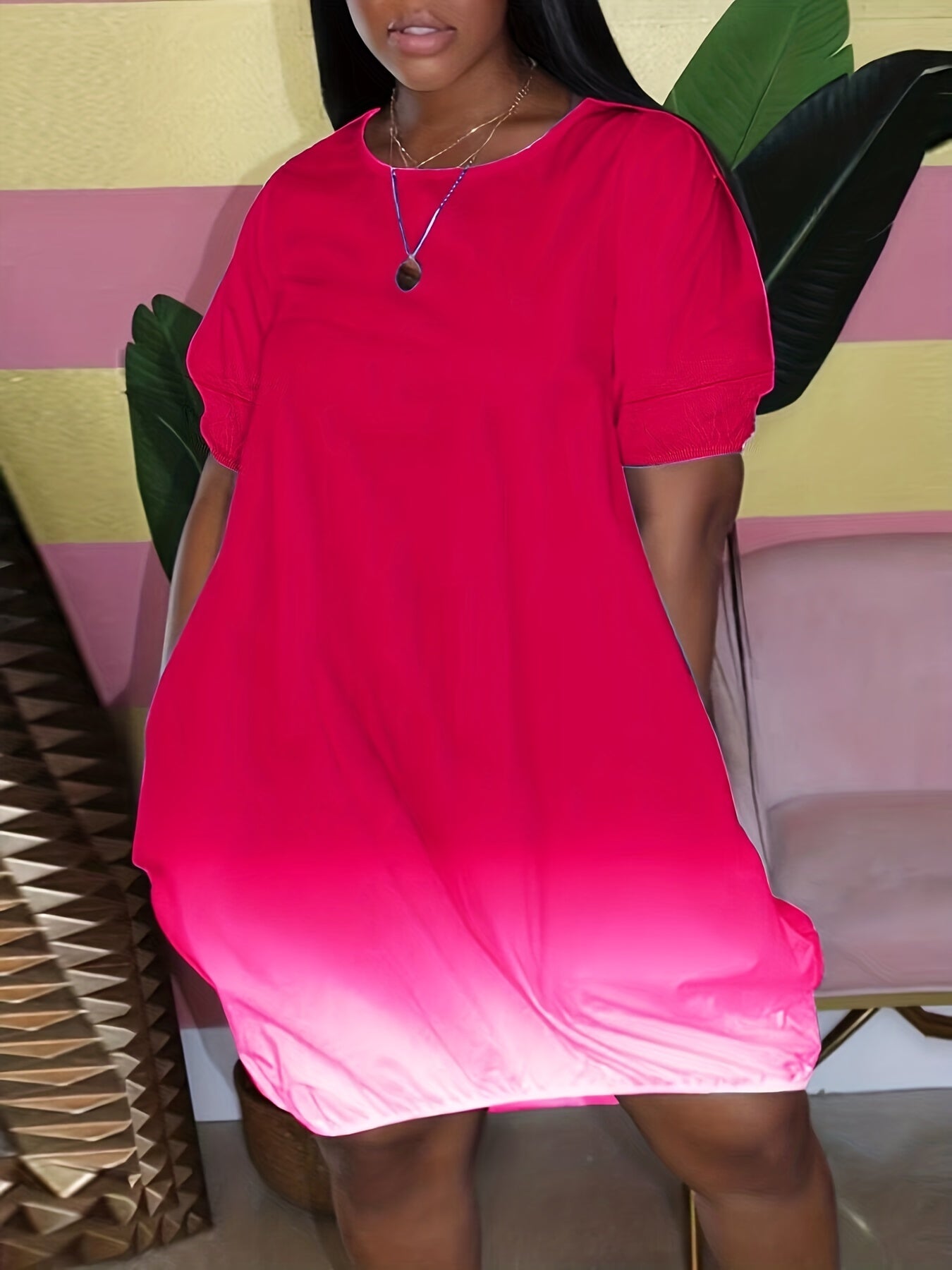 Ombre Print Round Neck Short Tee Dress Women's Plus Casual Mini Dress