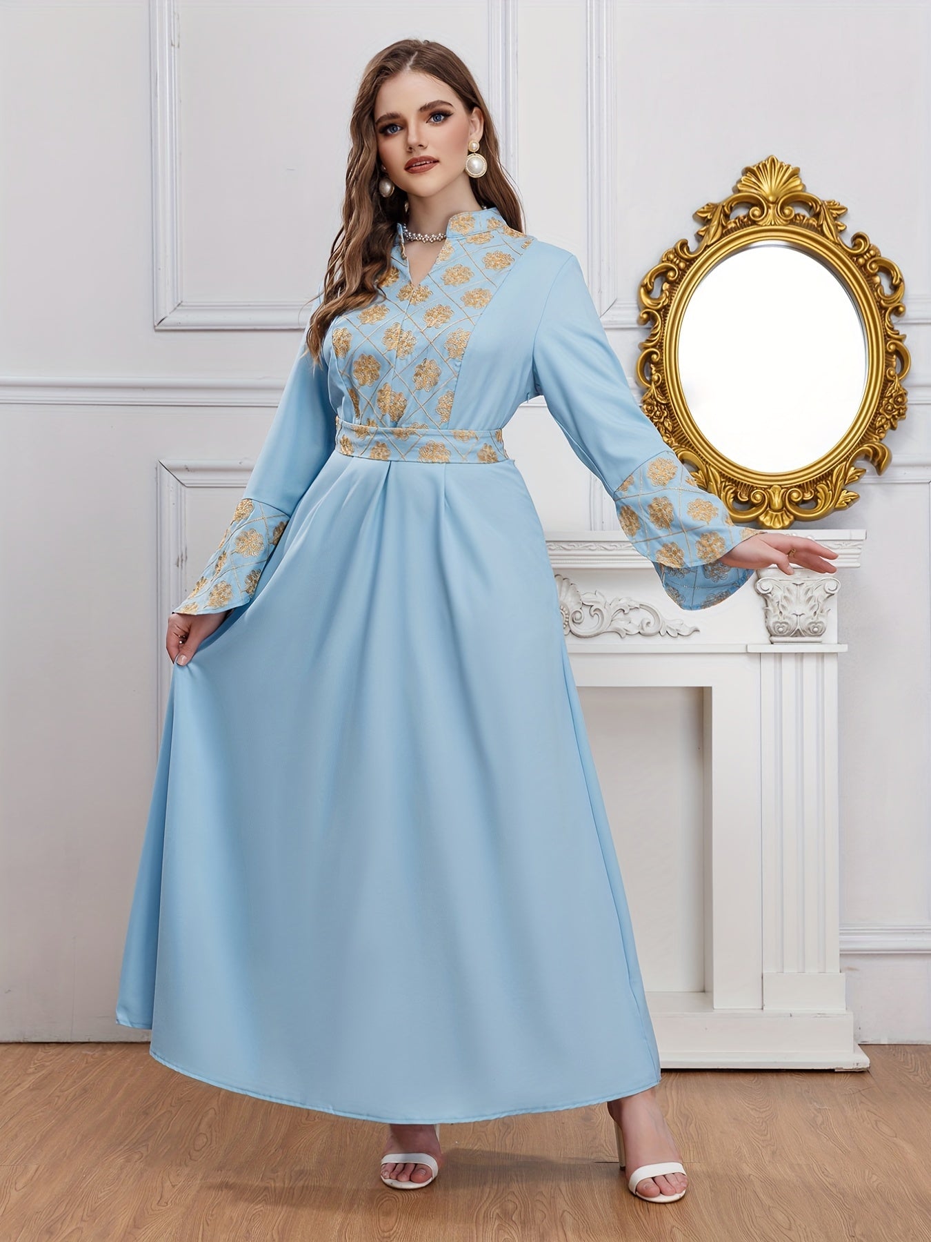 Abaya Dress Women's Plus Golden Floral Print Bell Sleeve Stand Collar