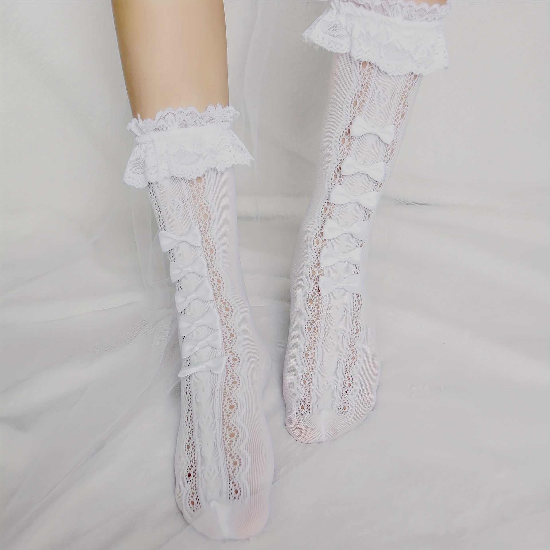 Ruffle Bow Socks Women's Lolita Stockings