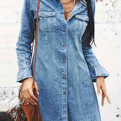 Flounce Sleeve Button Up Lapel Collar Denim Dress