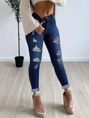 Dark Ripped Holes Skinny Jeans Slim Fit