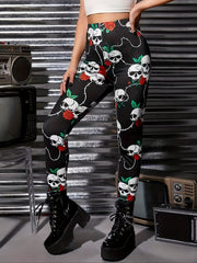 Rose & Skull Print High Waist Yoga Pants