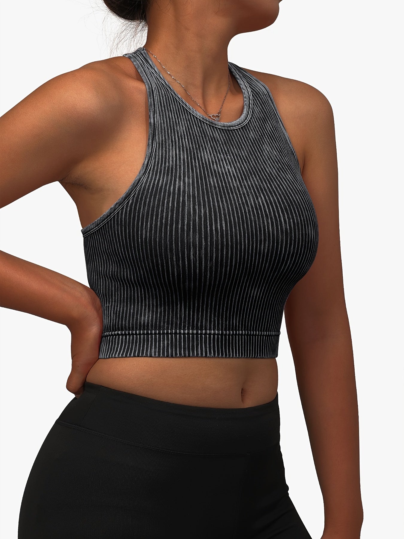 Ribbed Washed Sports Tank Top Sleeveless Fitness Training Top