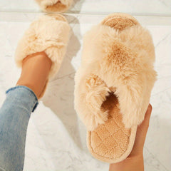 Women's Fluffy Furry Slippers Crisscross Strap Peep Toe Fuzzy Shoes